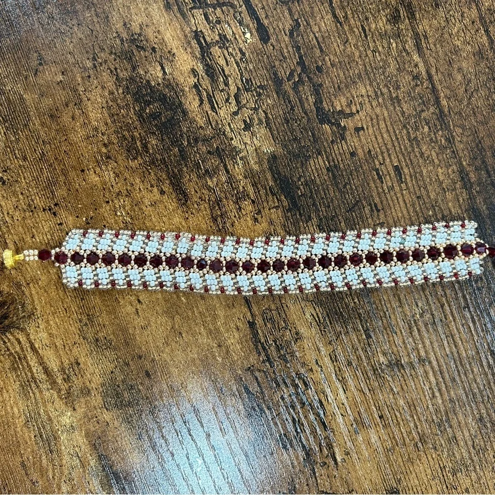 Handmade 3-Row Beaded Bracelet – Red, Ivory & Gold, New